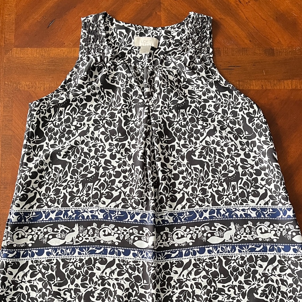 LOFT Black and White Floral Blouse with Blue Accents